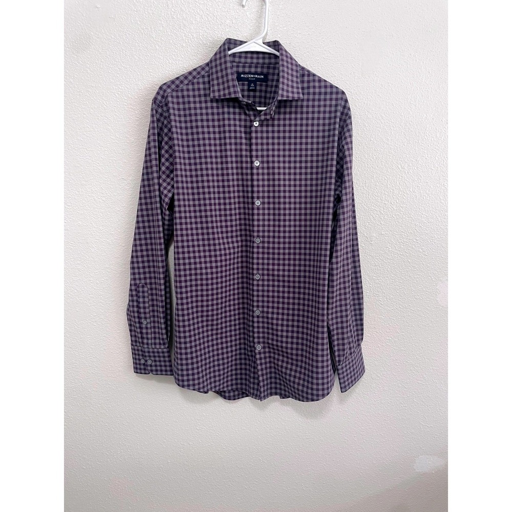 Mizzen+Main Leeward Shirt Mens Medium Purple Gingham Trim Fit Excellent Stretch